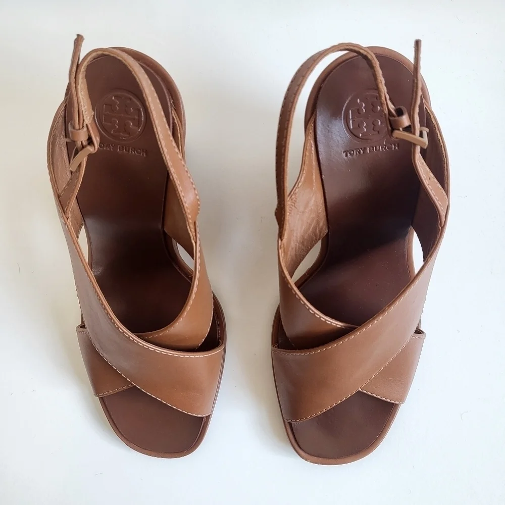 New Tory Burch Gabrielle 100 MM Royal Tan Wedge Sandal Size 7.5